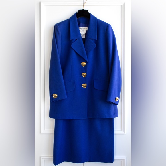 Yves Saint Laurent Encore Vintage S/S 1995 Royal Blue Gold Hearts Jacket Suit - Picture 4 of 16